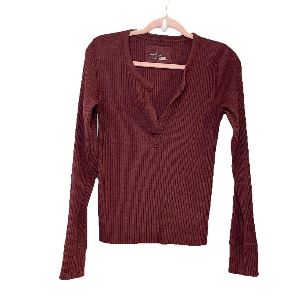 Aerie Burgundy Ribbed V Neck Long Sleeve Top Y2k style Elena Gilbert Size S
